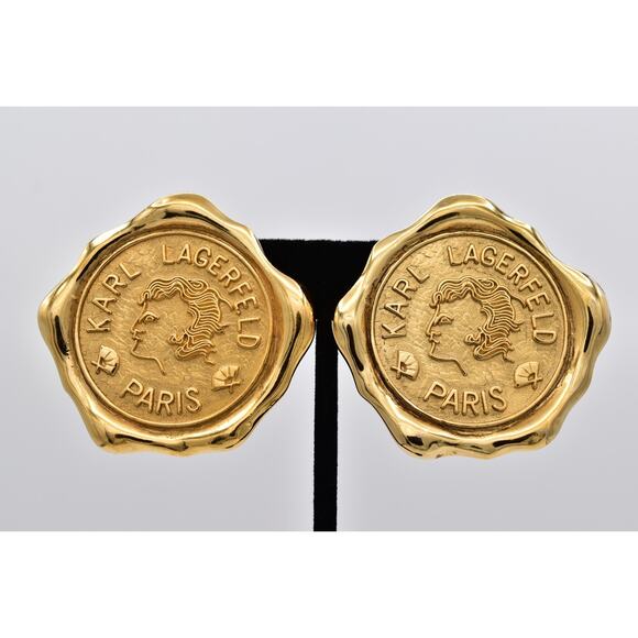 Karl Lagerfeld Jewelry - Karl Lagerfeld Vintage Logo Seal Clip On Earrings Paris Medallion Gold 80s Bin5